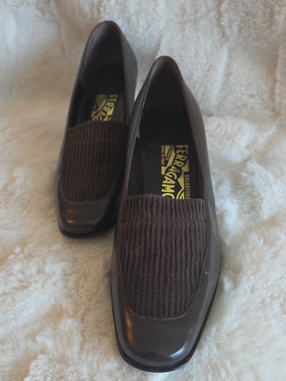 Salvatore Ferragamo Brown Leather & Corduroy Women's Loafers